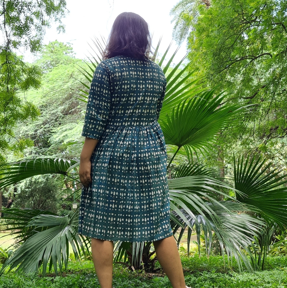 Size- S, Indigo hand block resist printed dress - Picture 5 of 6